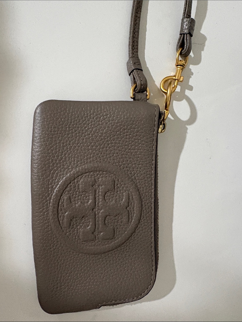 Tory Burch Taupe Pebbled Leather Crossbody with Gold Hardware Card Holder